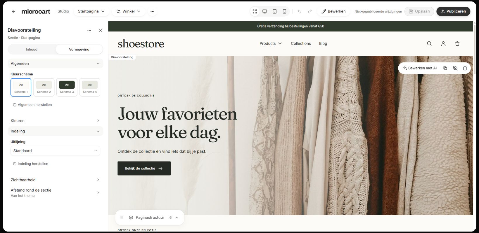 Den faktiske MicroCart Studio-editor med udseende og forhåndsvisning af butik