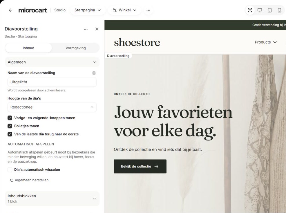 MicroCart Studio med de faktiske sektionsindstillinger og forhåndsvisning af butik