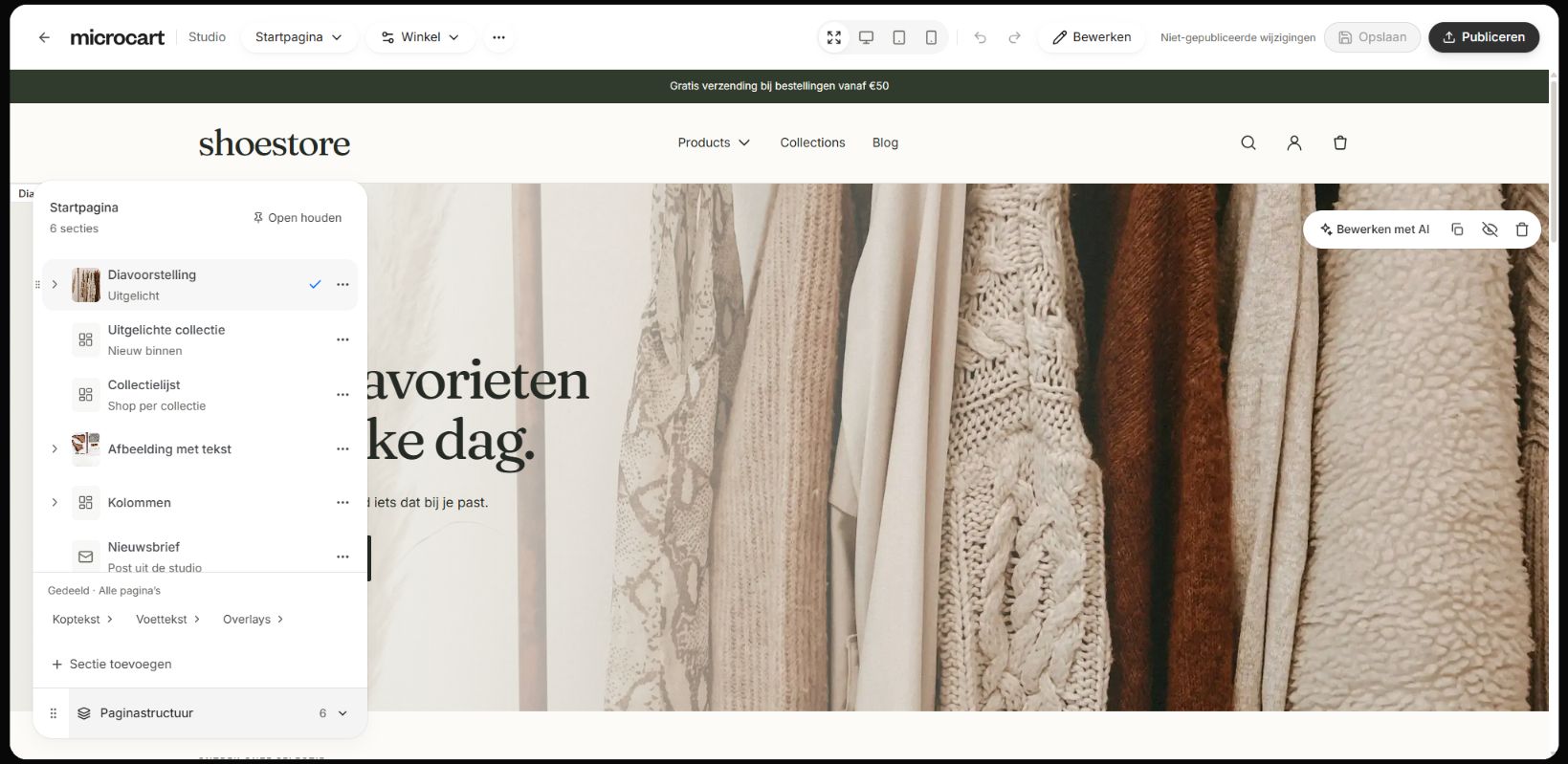 Den faktiske sidestruktur og forhåndsvisning af butik i MicroCart Studio
